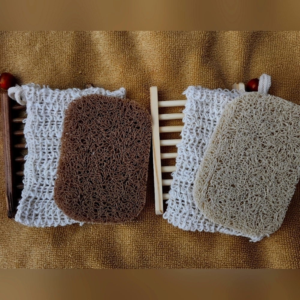Natural Loofah, Soap Saver Bag, and Wooden Holder Unisex Choose Color